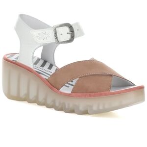 Fly London White & Tan Platform Sandal with Translucent Sole